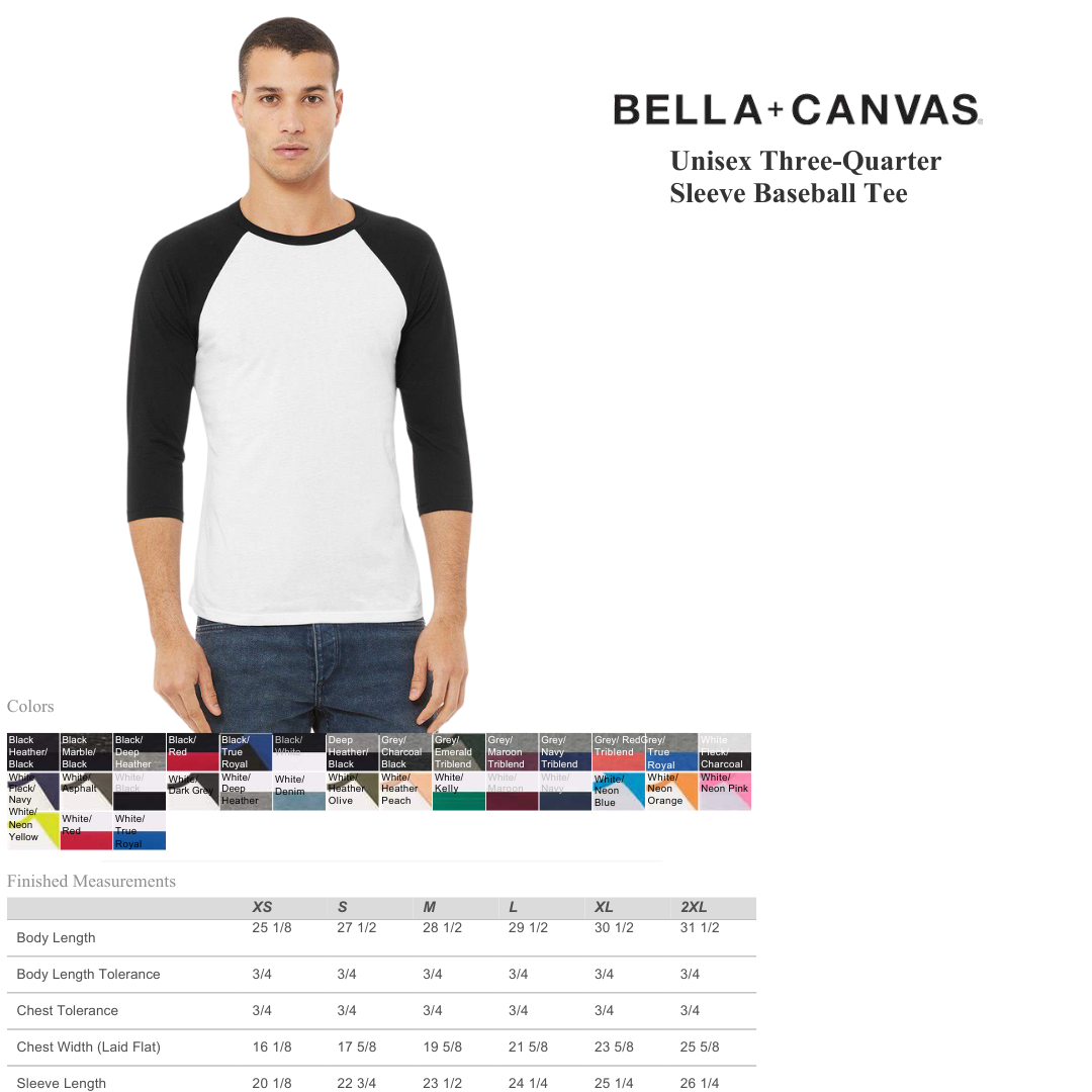 BELLA + CANVAS Unisex 3/4 Sleeve Baseball Tee – Lightweight