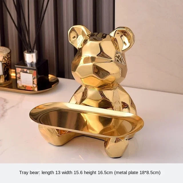 Geometric Bear with Tray Ceramic Statue Decoration - TheWorldOfMYes