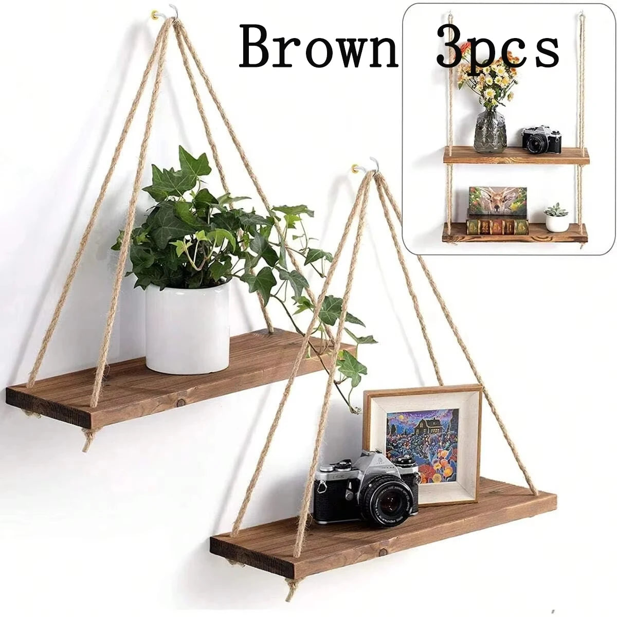 Wooden Swing on Hanging Rope Wall Shelve Mounted Floating Decoration - TheWorldOfMYes