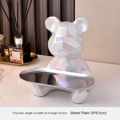 Geometric Bear with Tray Ceramic Statue Decoration - TheWorldOfMYes