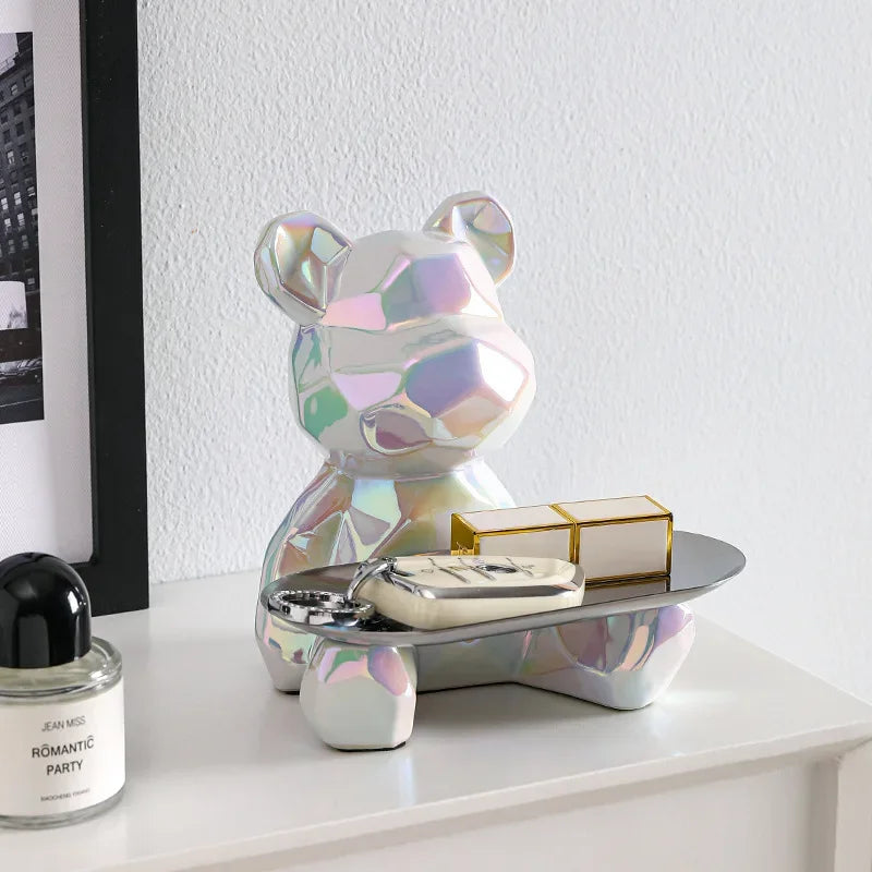 Geometric Bear with Tray Ceramic Statue Decoration - TheWorldOfMYes