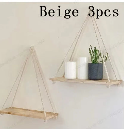 Wooden Swing on Hanging Rope Wall Shelve Mounted Floating Decoration - TheWorldOfMYes