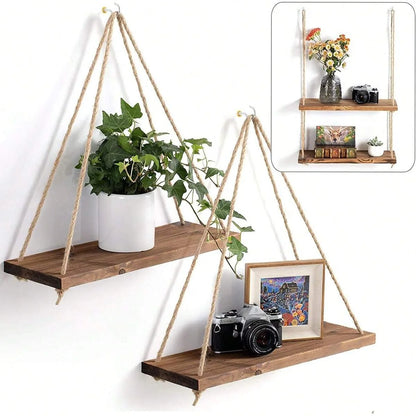 Wooden Swing on Hanging Rope Wall Shelve Mounted Floating Decoration - TheWorldOfMYes