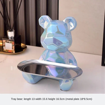 Geometric Bear with Tray Ceramic Statue Decoration - TheWorldOfMYes